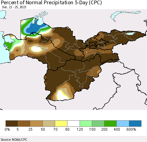 Central Asia Percent of Normal Precipitation 5-Day (CPC) Thematic Map For 12/21/2023 - 12/25/2023