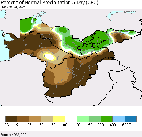 Central Asia Percent of Normal Precipitation 5-Day (CPC) Thematic Map For 12/26/2023 - 12/31/2023