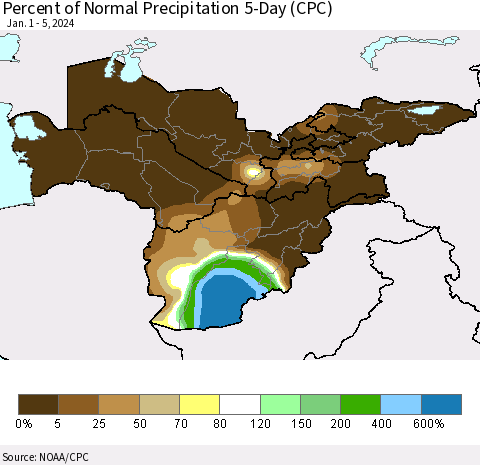 Central Asia Percent of Normal Precipitation 5-Day (CPC) Thematic Map For 1/1/2024 - 1/5/2024