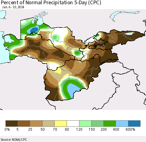 Central Asia Percent of Normal Precipitation 5-Day (CPC) Thematic Map For 1/6/2024 - 1/10/2024