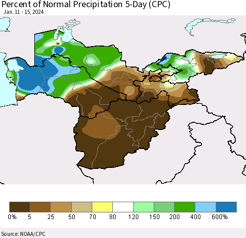Central Asia Percent of Normal Precipitation 5-Day (CPC) Thematic Map For 1/11/2024 - 1/15/2024