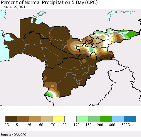 Central Asia Percent of Normal Precipitation 5-Day (CPC) Thematic Map For 1/16/2024 - 1/20/2024