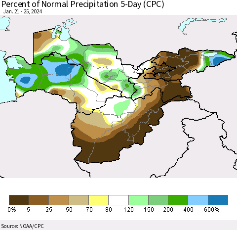 Central Asia Percent of Normal Precipitation 5-Day (CPC) Thematic Map For 1/21/2024 - 1/25/2024
