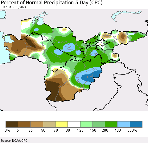 Central Asia Percent of Normal Precipitation 5-Day (CPC) Thematic Map For 1/26/2024 - 1/31/2024