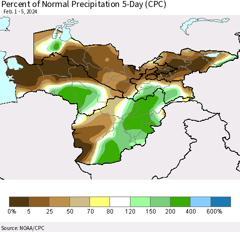 Central Asia Percent of Normal Precipitation 5-Day (CPC) Thematic Map For 2/1/2024 - 2/5/2024