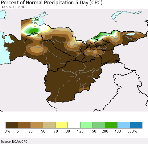 Central Asia Percent of Normal Precipitation 5-Day (CPC) Thematic Map For 2/6/2024 - 2/10/2024