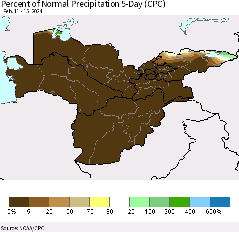 Central Asia Percent of Normal Precipitation 5-Day (CPC) Thematic Map For 2/11/2024 - 2/15/2024