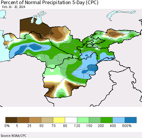 Central Asia Percent of Normal Precipitation 5-Day (CPC) Thematic Map For 2/16/2024 - 2/20/2024