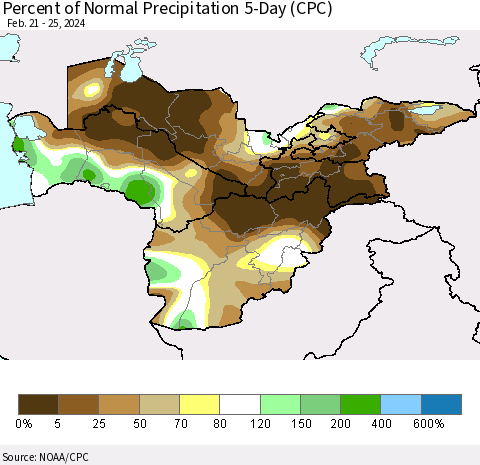 Central Asia Percent of Normal Precipitation 5-Day (CPC) Thematic Map For 2/21/2024 - 2/25/2024