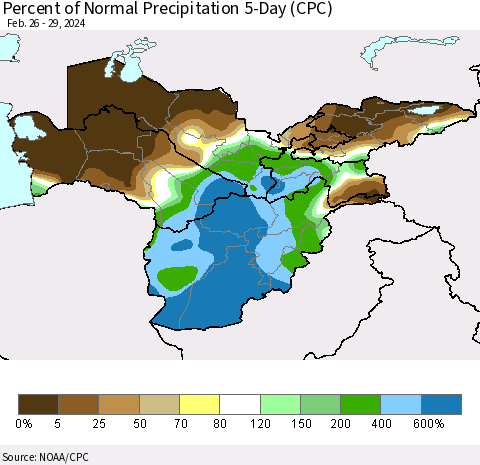 Central Asia Percent of Normal Precipitation 5-Day (CPC) Thematic Map For 2/26/2024 - 2/29/2024