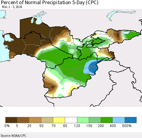 Central Asia Percent of Normal Precipitation 5-Day (CPC) Thematic Map For 3/1/2024 - 3/5/2024