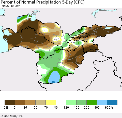 Central Asia Percent of Normal Precipitation 5-Day (CPC) Thematic Map For 3/6/2024 - 3/10/2024