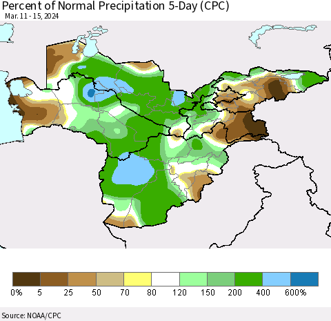 Central Asia Percent of Normal Precipitation 5-Day (CPC) Thematic Map For 3/11/2024 - 3/15/2024