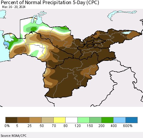 Central Asia Percent of Normal Precipitation 5-Day (CPC) Thematic Map For 3/16/2024 - 3/20/2024