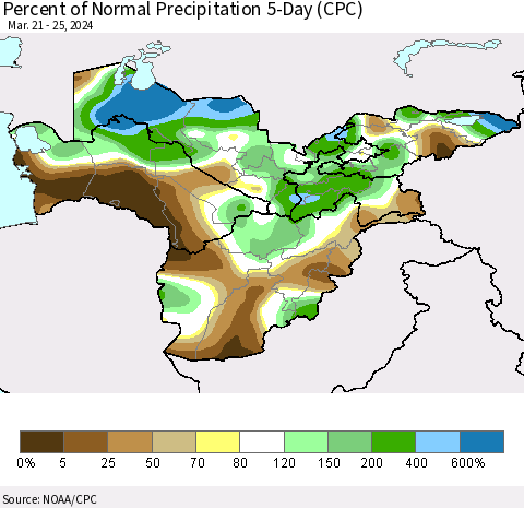 Central Asia Percent of Normal Precipitation 5-Day (CPC) Thematic Map For 3/21/2024 - 3/25/2024