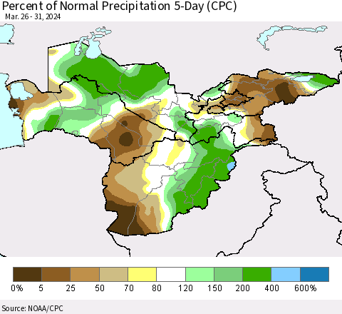 Central Asia Percent of Normal Precipitation 5-Day (CPC) Thematic Map For 3/26/2024 - 3/31/2024