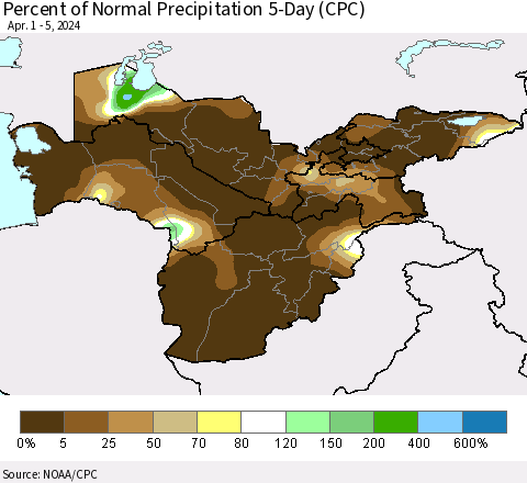 Central Asia Percent of Normal Precipitation 5-Day (CPC) Thematic Map For 4/1/2024 - 4/5/2024