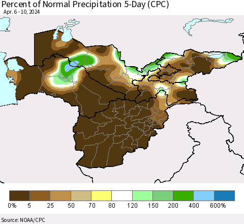 Central Asia Percent of Normal Precipitation 5-Day (CPC) Thematic Map For 4/6/2024 - 4/10/2024
