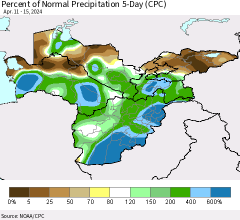 Central Asia Percent of Normal Precipitation 5-Day (CPC) Thematic Map For 4/11/2024 - 4/15/2024
