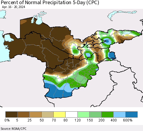 Central Asia Percent of Normal Precipitation 5-Day (CPC) Thematic Map For 4/16/2024 - 4/20/2024