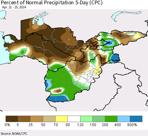 Central Asia Percent of Normal Precipitation 5-Day (CPC) Thematic Map For 4/21/2024 - 4/25/2024