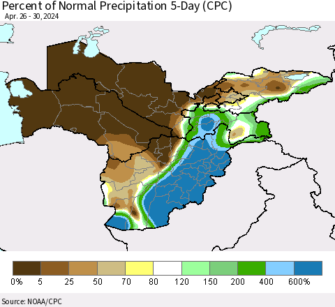 Central Asia Percent of Normal Precipitation 5-Day (CPC) Thematic Map For 4/26/2024 - 4/30/2024