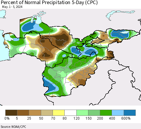 Central Asia Percent of Normal Precipitation 5-Day (CPC) Thematic Map For 5/1/2024 - 5/5/2024