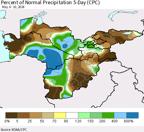 Central Asia Percent of Normal Precipitation 5-Day (CPC) Thematic Map For 5/6/2024 - 5/10/2024