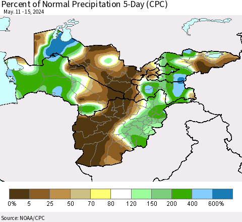 Central Asia Percent of Normal Precipitation 5-Day (CPC) Thematic Map For 5/11/2024 - 5/15/2024