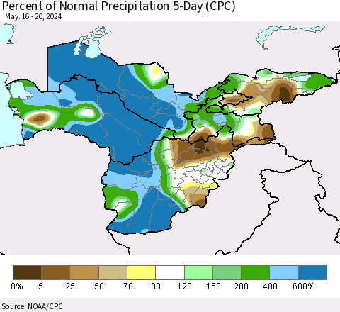 Central Asia Percent of Normal Precipitation 5-Day (CPC) Thematic Map For 5/16/2024 - 5/20/2024