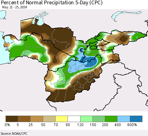 Central Asia Percent of Normal Precipitation 5-Day (CPC) Thematic Map For 5/21/2024 - 5/25/2024