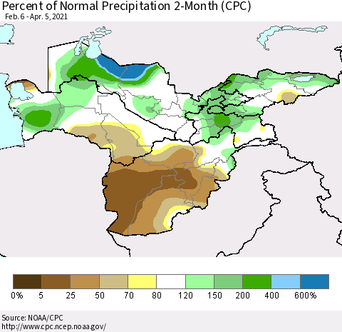 Central Asia Percent of Normal Precipitation 2-Month (CPC) Thematic Map For 2/6/2021 - 4/5/2021