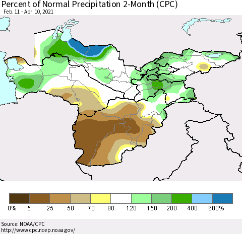 Central Asia Percent of Normal Precipitation 2-Month (CPC) Thematic Map For 2/11/2021 - 4/10/2021