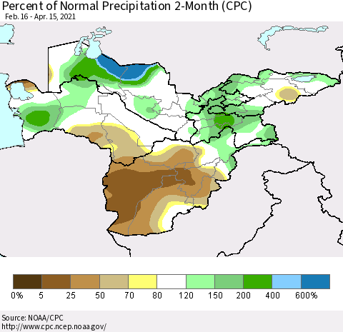 Central Asia Percent of Normal Precipitation 2-Month (CPC) Thematic Map For 2/16/2021 - 4/15/2021