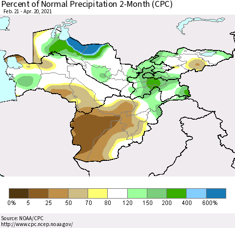 Central Asia Percent of Normal Precipitation 2-Month (CPC) Thematic Map For 2/21/2021 - 4/20/2021