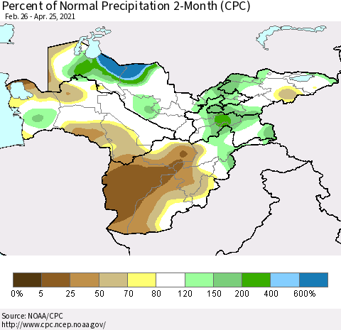 Central Asia Percent of Normal Precipitation 2-Month (CPC) Thematic Map For 2/26/2021 - 4/25/2021
