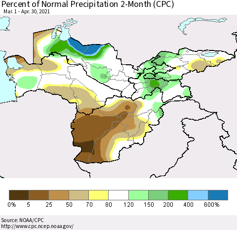 Central Asia Percent of Normal Precipitation 2-Month (CPC) Thematic Map For 3/1/2021 - 4/30/2021