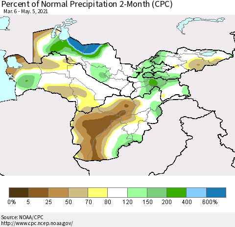 Central Asia Percent of Normal Precipitation 2-Month (CPC) Thematic Map For 3/6/2021 - 5/5/2021