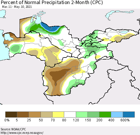 Central Asia Percent of Normal Precipitation 2-Month (CPC) Thematic Map For 3/11/2021 - 5/10/2021