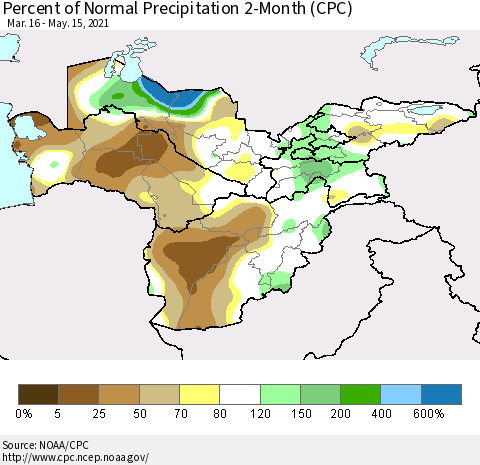 Central Asia Percent of Normal Precipitation 2-Month (CPC) Thematic Map For 3/16/2021 - 5/15/2021