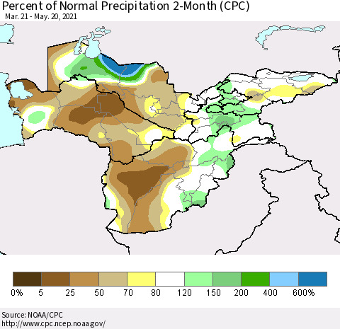 Central Asia Percent of Normal Precipitation 2-Month (CPC) Thematic Map For 3/21/2021 - 5/20/2021