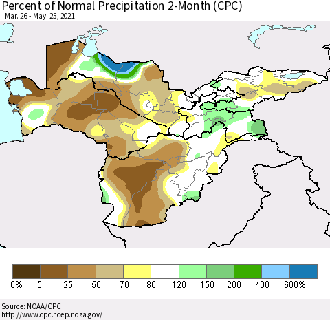 Central Asia Percent of Normal Precipitation 2-Month (CPC) Thematic Map For 3/26/2021 - 5/25/2021