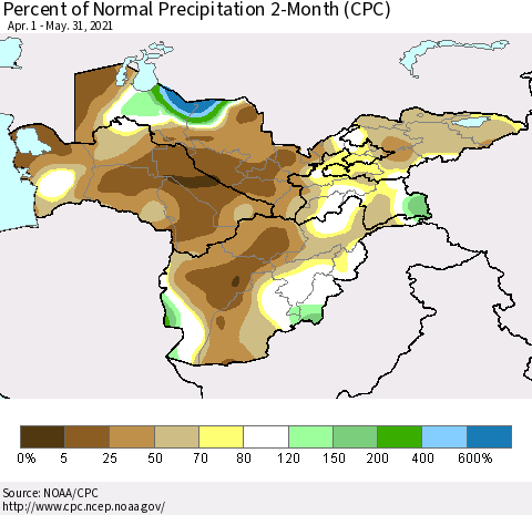 Central Asia Percent of Normal Precipitation 2-Month (CPC) Thematic Map For 4/1/2021 - 5/31/2021