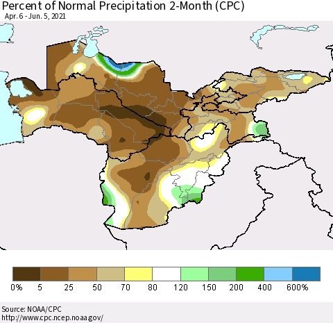 Central Asia Percent of Normal Precipitation 2-Month (CPC) Thematic Map For 4/6/2021 - 6/5/2021