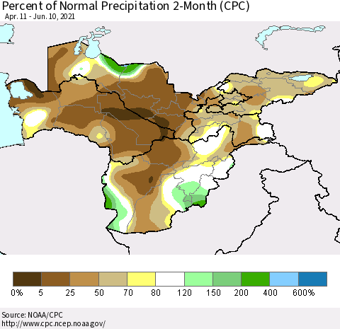 Central Asia Percent of Normal Precipitation 2-Month (CPC) Thematic Map For 4/11/2021 - 6/10/2021