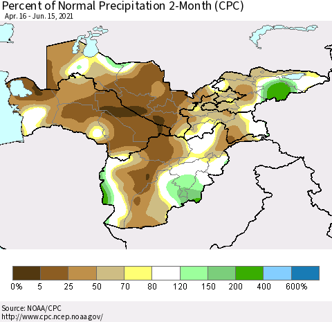 Central Asia Percent of Normal Precipitation 2-Month (CPC) Thematic Map For 4/16/2021 - 6/15/2021
