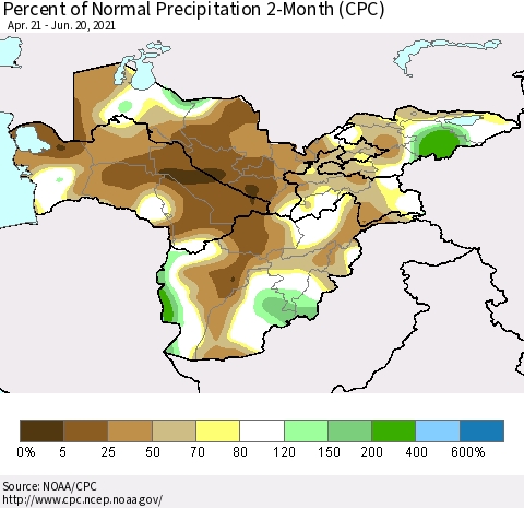 Central Asia Percent of Normal Precipitation 2-Month (CPC) Thematic Map For 4/21/2021 - 6/20/2021