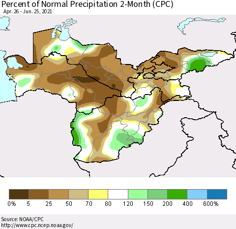 Central Asia Percent of Normal Precipitation 2-Month (CPC) Thematic Map For 4/26/2021 - 6/25/2021