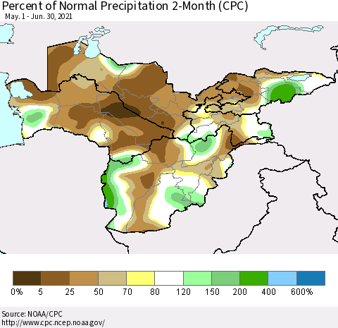 Central Asia Percent of Normal Precipitation 2-Month (CPC) Thematic Map For 5/1/2021 - 6/30/2021
