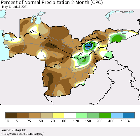 Central Asia Percent of Normal Precipitation 2-Month (CPC) Thematic Map For 5/6/2021 - 7/5/2021